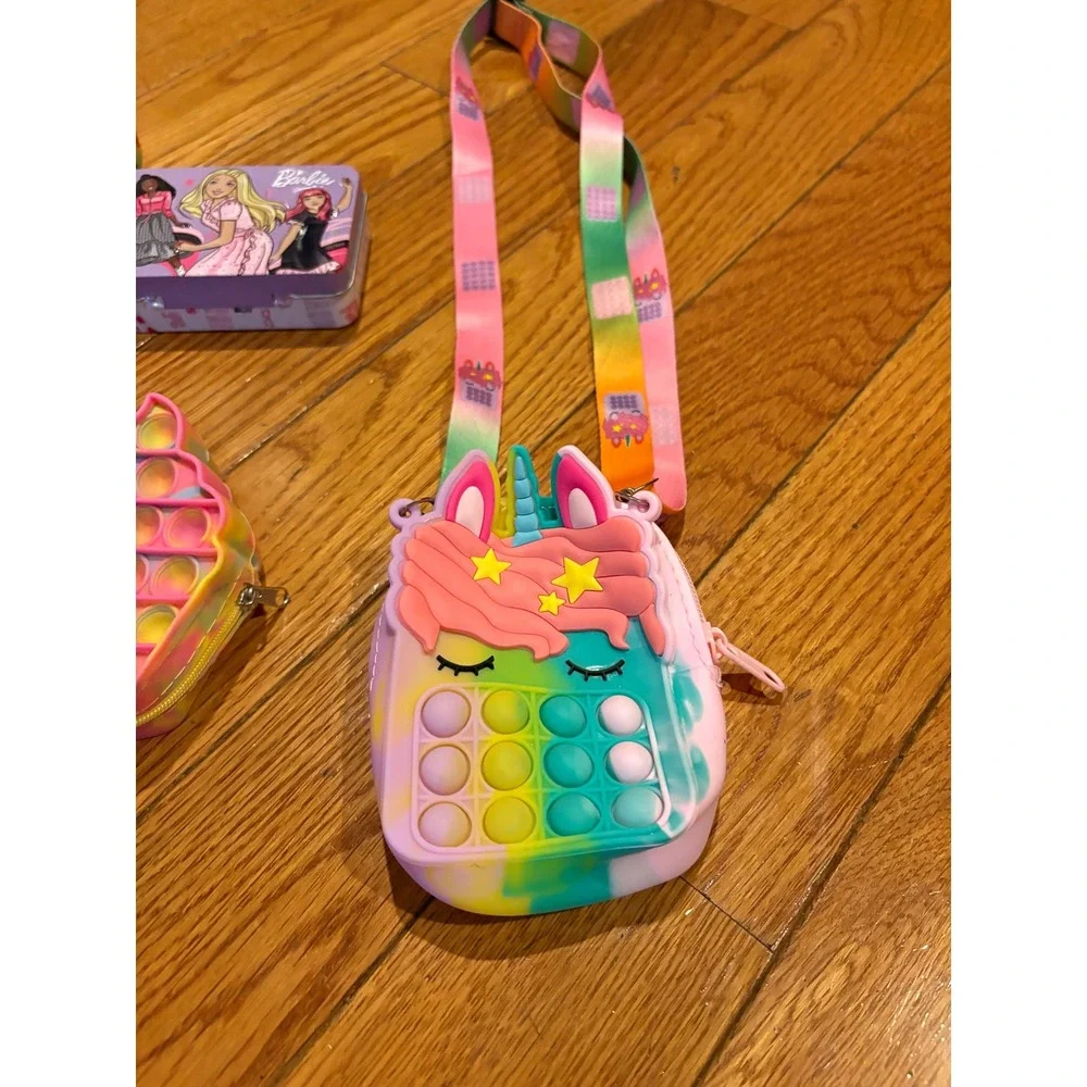 Kids Pop It Purse Set Unicorn Ice Cream‎ Hamburger Bag & Barbie Tin Lunch Box